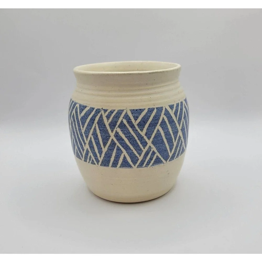Studio Pottery Blue & White Geometric Pattern Signed 4